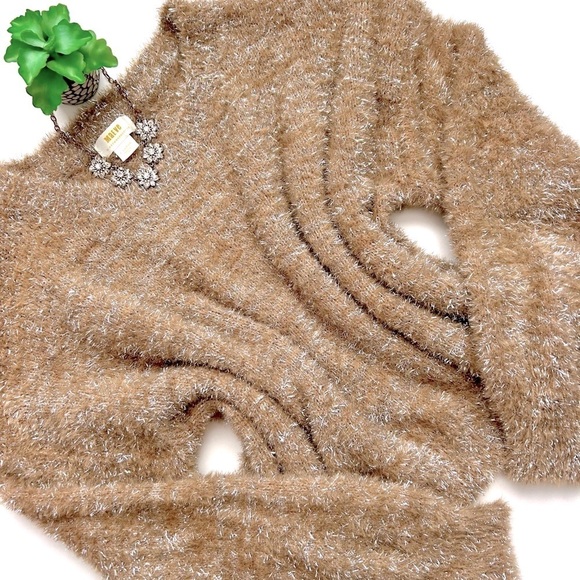 Anthropologie Maeve Tinsel Eyelash Sweater in Sand Tan Silver Size XL - Picture 1 of 14